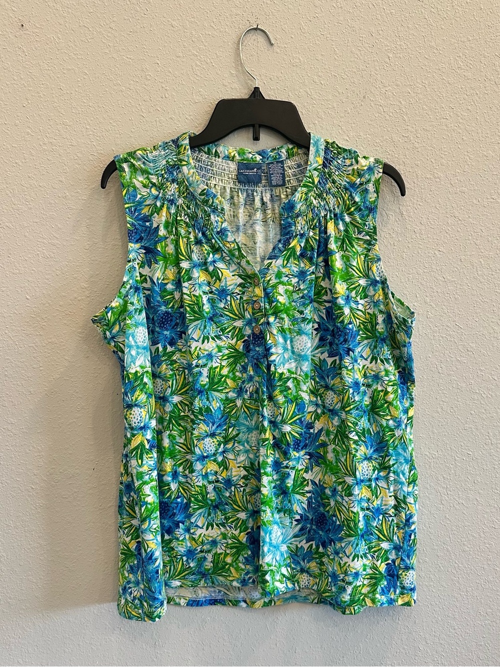 Caribbean Joe Tropical Floral Sleeveless Blouse 1X Resort